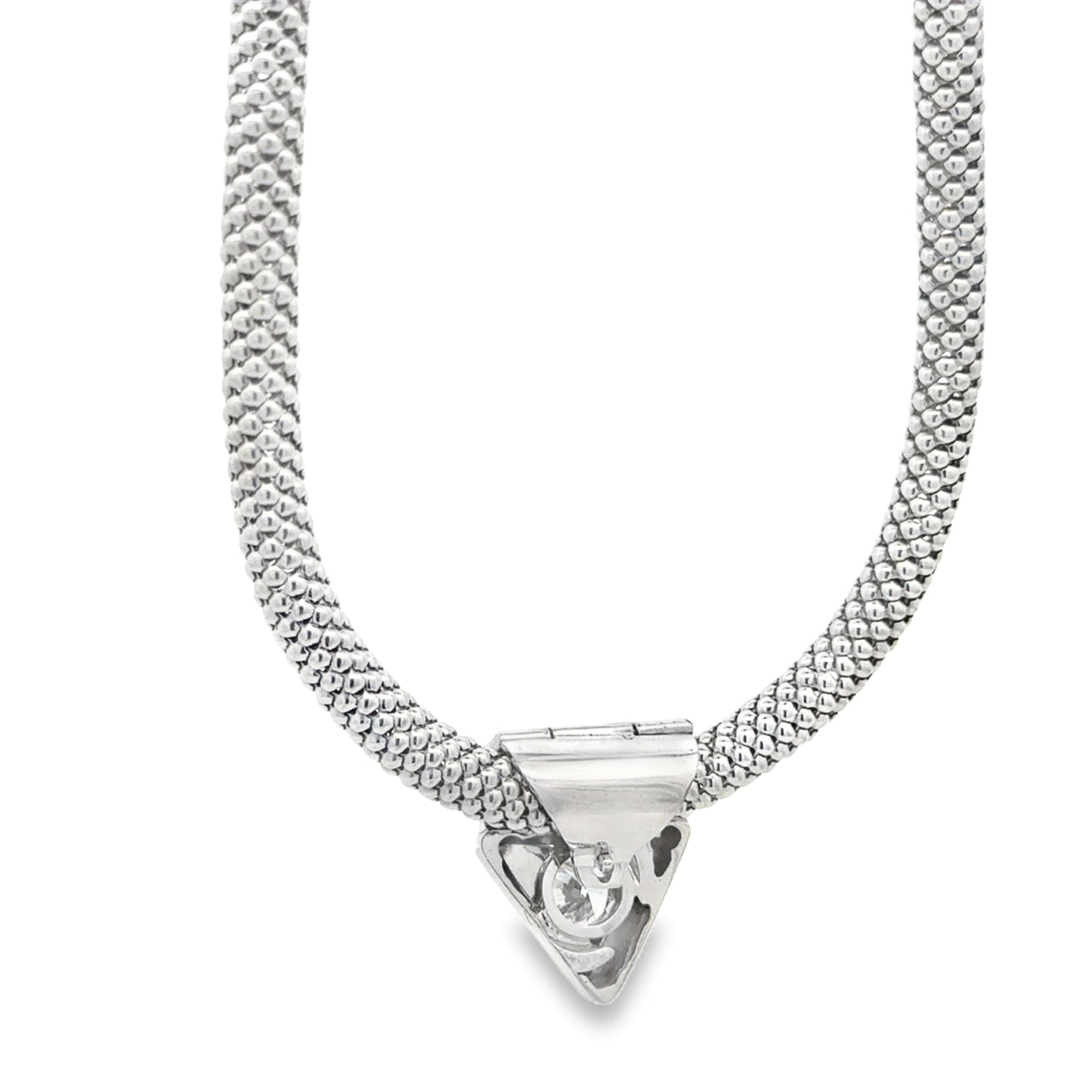 18k White Gold Mesh Choker Necklace & 14k White Gold 1.67ct Round Brilliant Diamond Triangle Pendant — clasp detail
