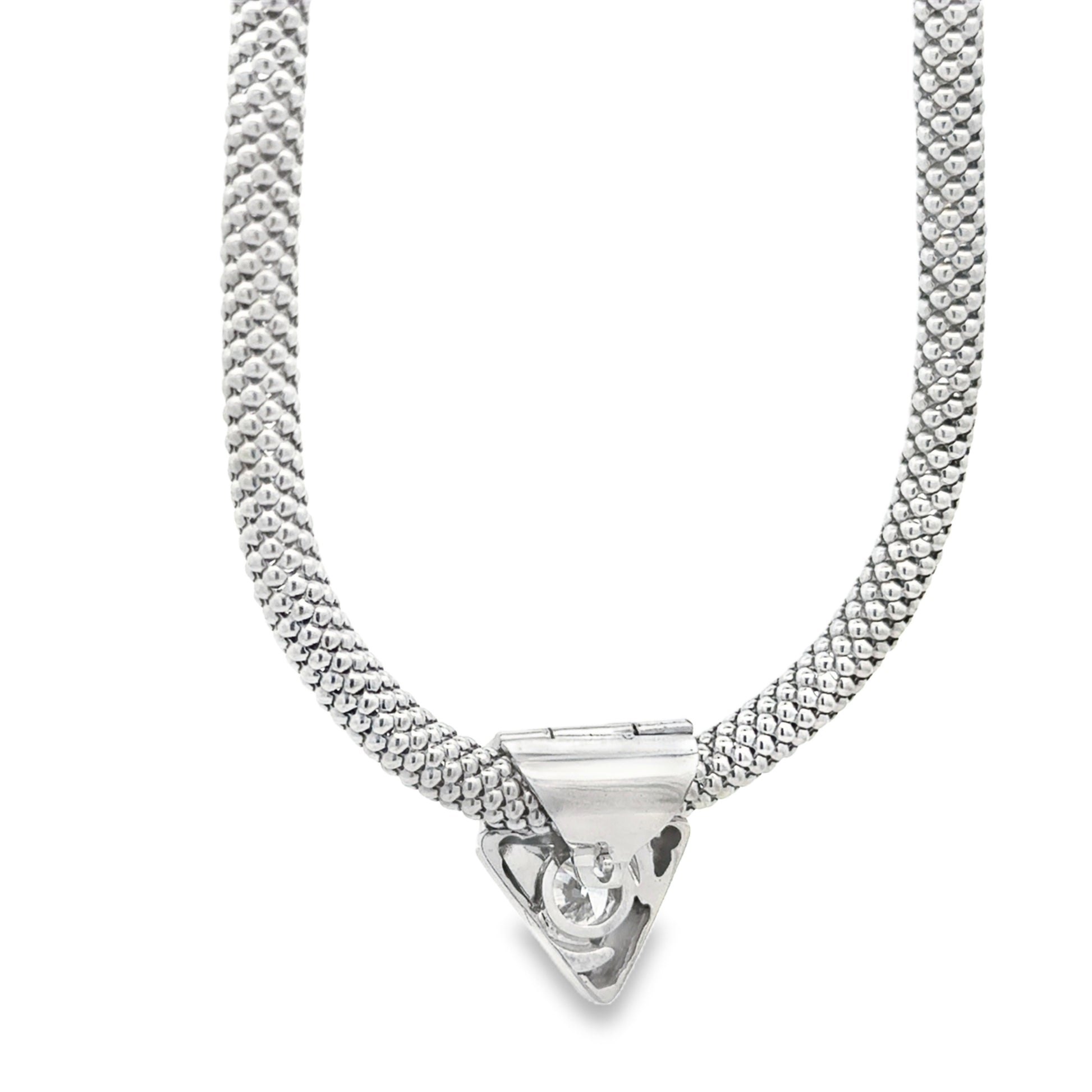 18k White Gold Mesh Choker Necklace & 14k White Gold 1.67ct Round Brilliant Diamond Triangle Pendant — clasp detail