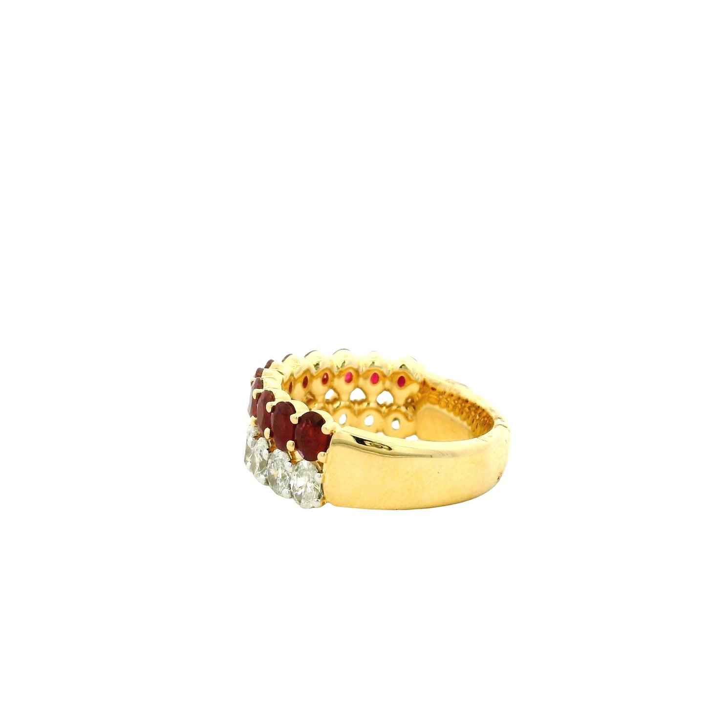 14k Yellow Gold 1.51ct Oval Diamond and 2.10ctw Ruby Two Row Cocktail Ring — side profile showing the band