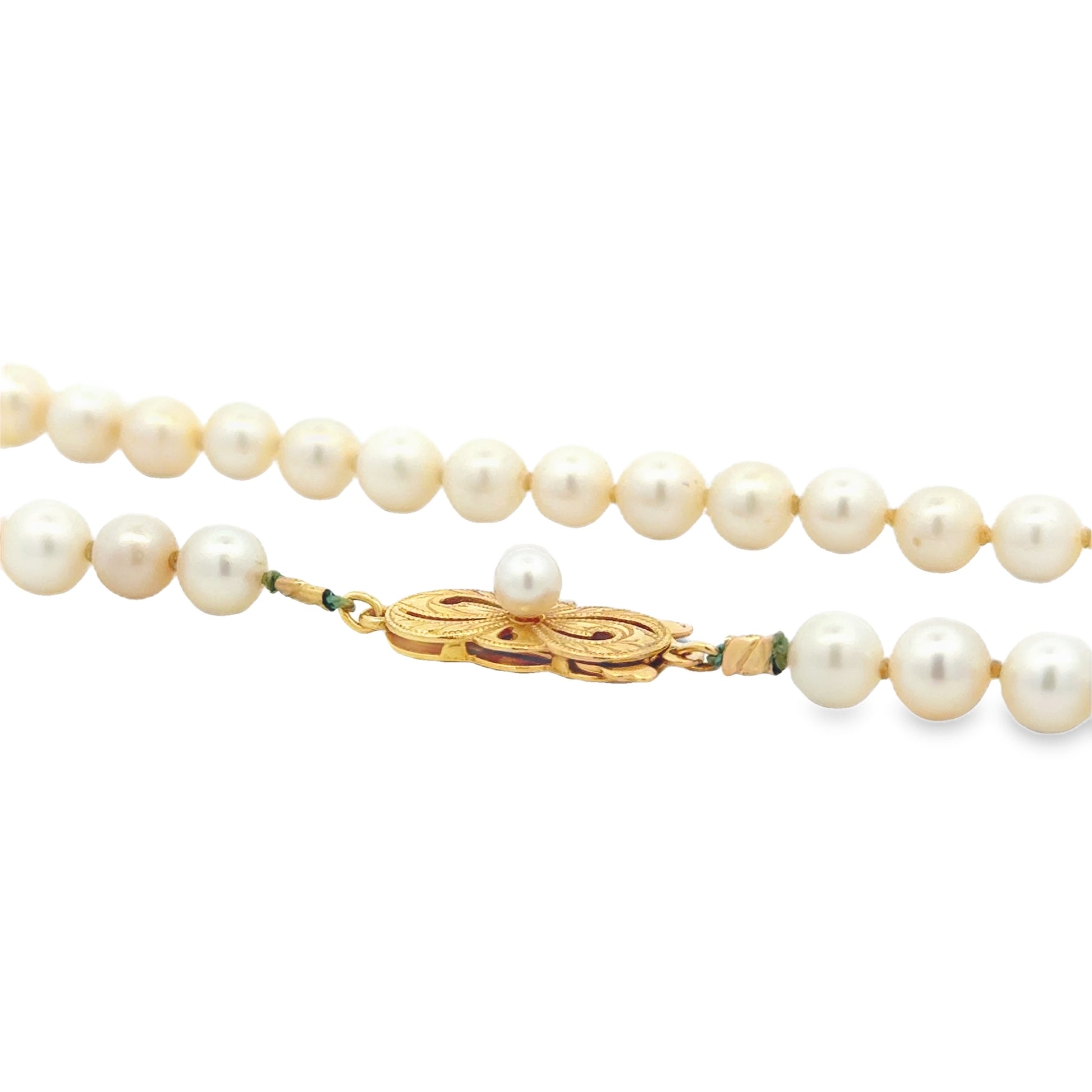 Mikimoto 18k Yellow Gold Akoya Pearl Strand Necklace 16" — side profile showing case thickness