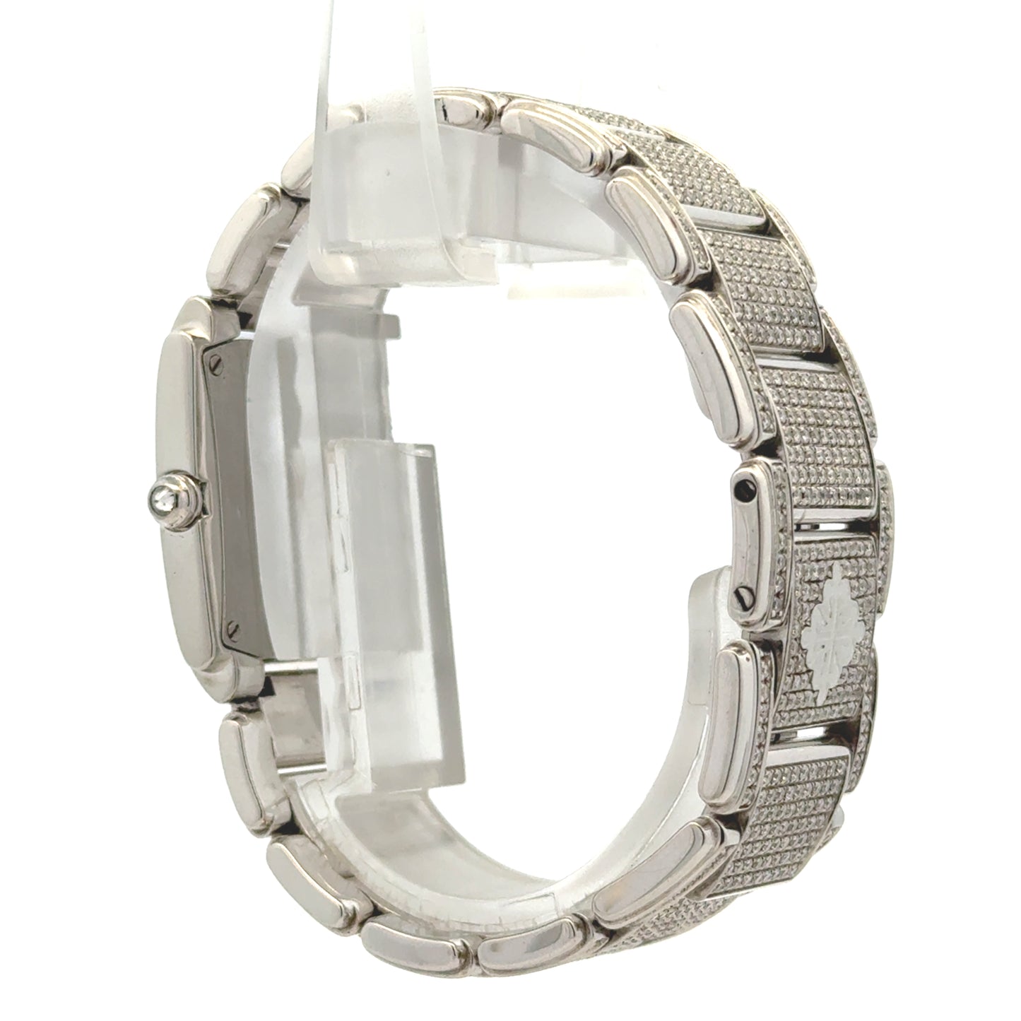 Patek Philippe 4910/10A Twenty~4 Aftermarket Diamond Pavé Watch — side profile showing case thickness