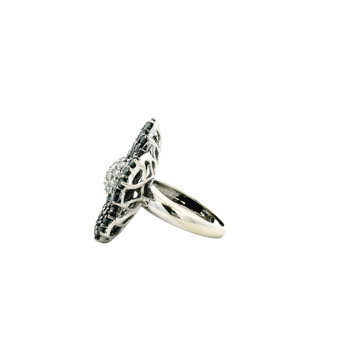 14k White Gold 1.75ctw Round Brilliant White and Black Diamond Floral Cluster Ring — side profile showing the band