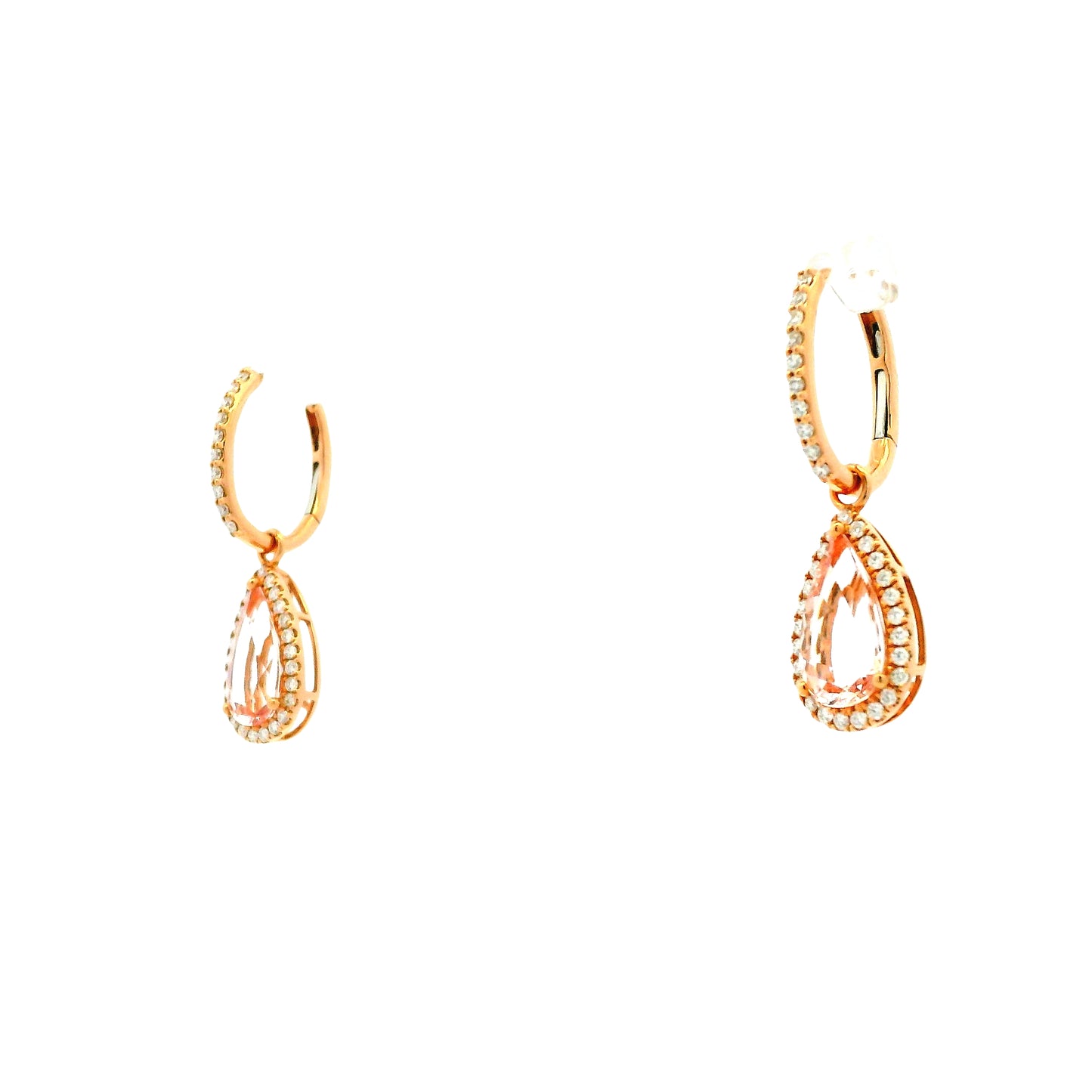 14k Rose Gold 3.44ctw Pear Cut Morganite and 0.49ctw Diamond Pavé Halo Drop Earrings — side profile