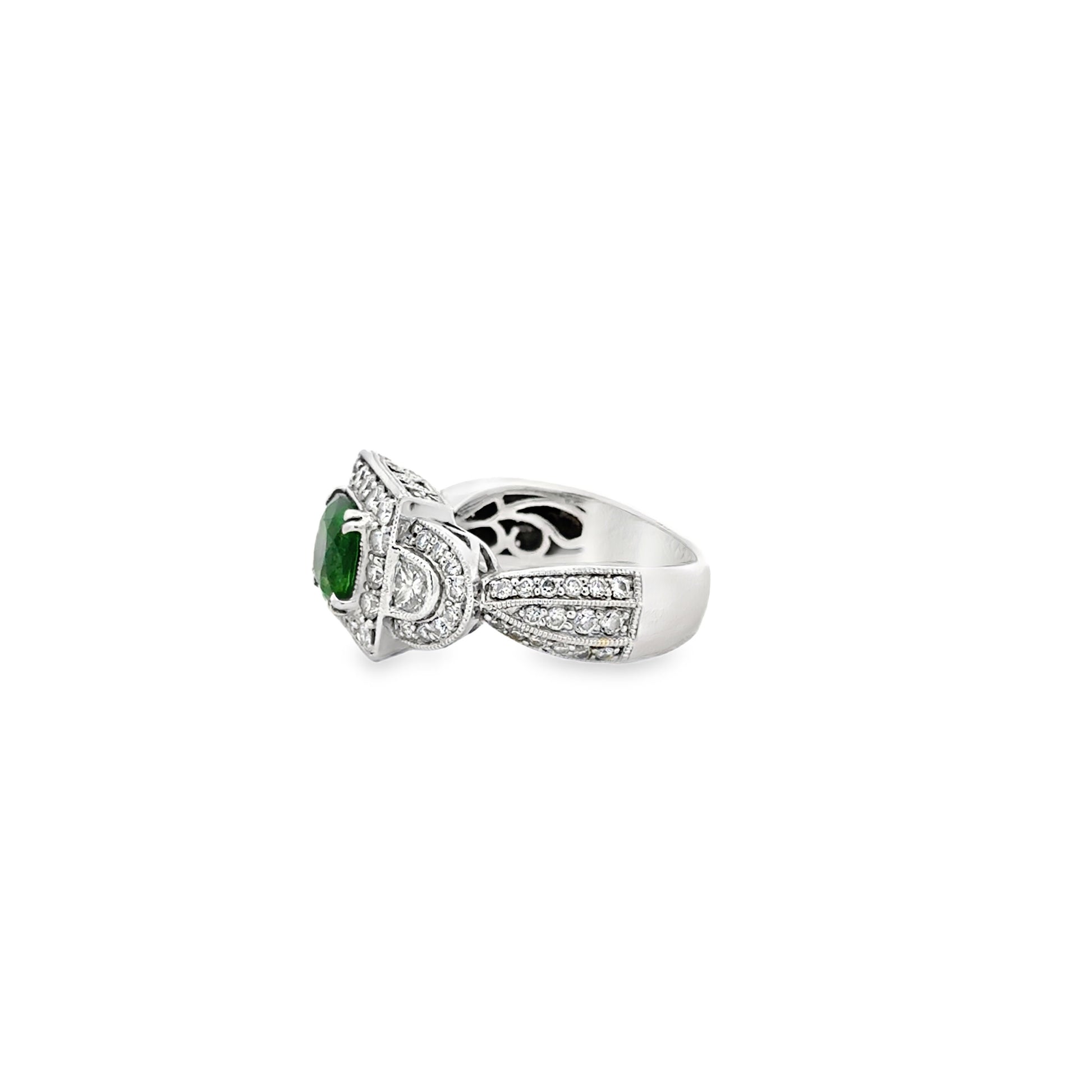 18k White Gold Green Gemstone Square Diamond Halo Cocktail Ring — side profile showing the band