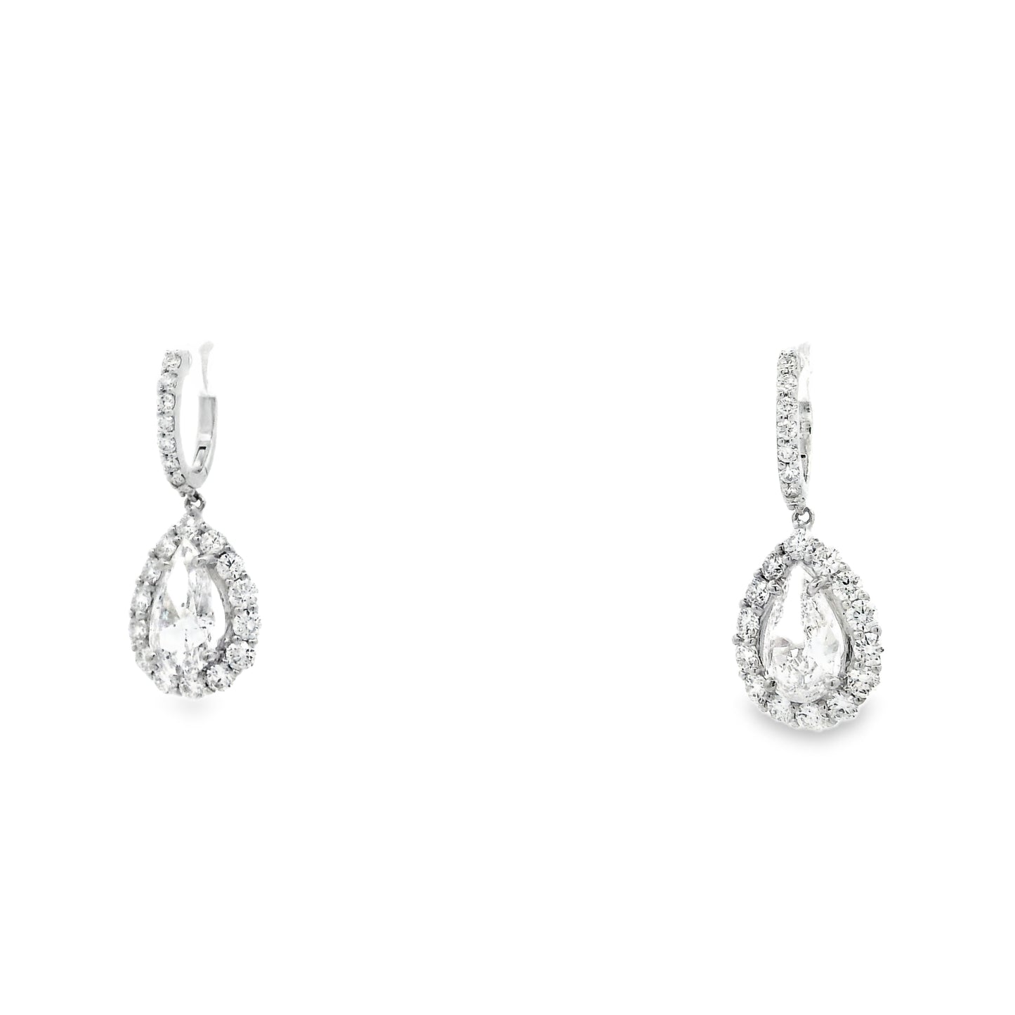 18k White Gold 5.95ctw Pear Cut Diamond Halo Dangle Earrings — reverse showing the back