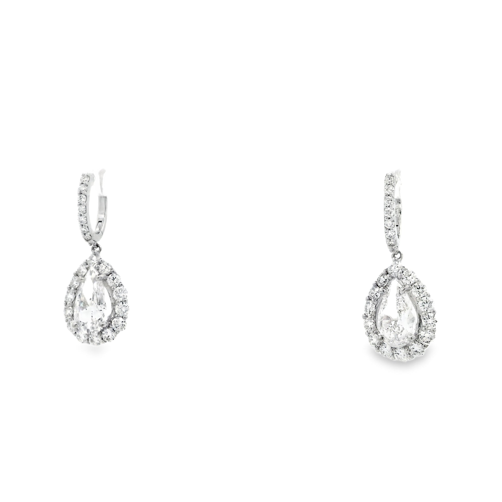 18k White Gold 5.95ctw Pear Cut Diamond Halo Dangle Earrings — reverse showing the back