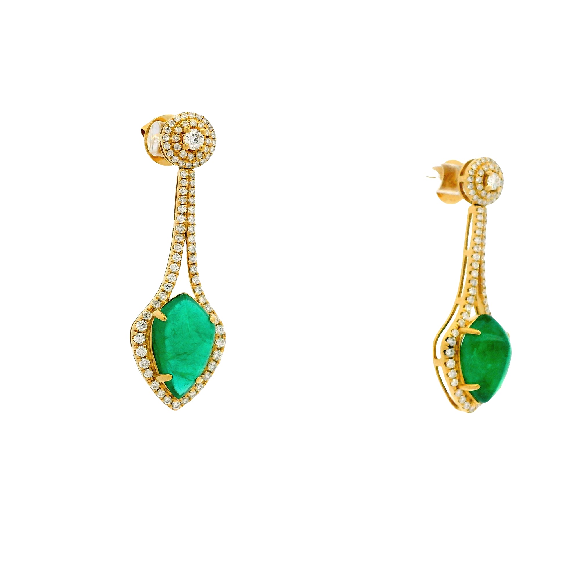 18k Yellow Gold 10.82ct Emerald and 1.50ctw Round Brilliant Diamond Dangle Earrings — reverse showing the back