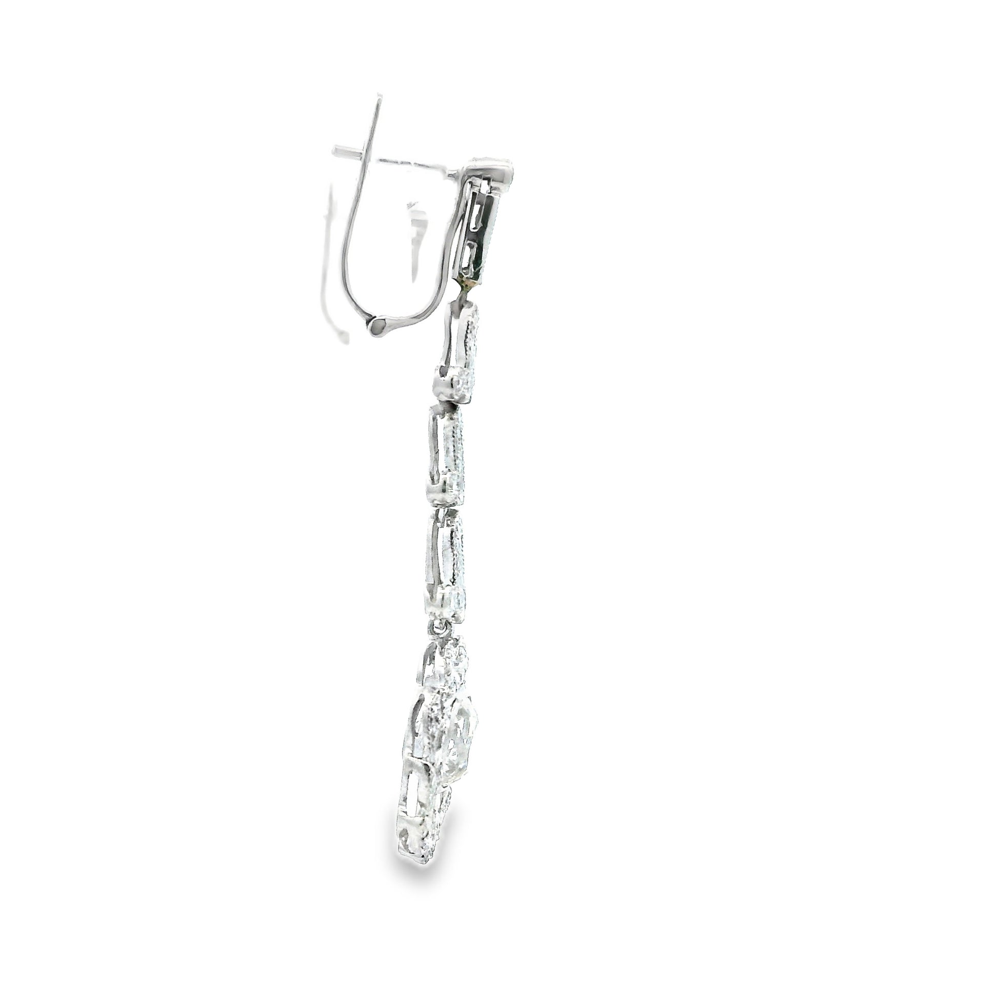 Platinum 3.88ctw Antique Cushion Cut Natural Diamond Dangle Earrings — reverse showing the back