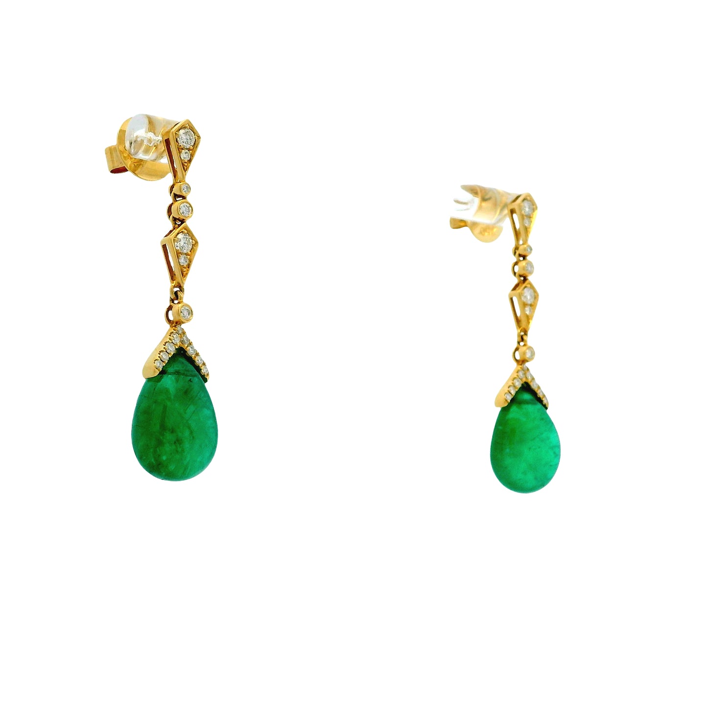 18k Yellow Gold GIA Certified 14.91ct Natural Emerald and 0.44ctw Round Diamond Dangle Earrings — reverse showing the back
