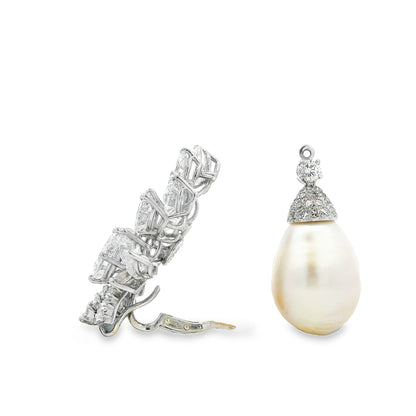 18k White Gold 15ctw Marquise Pear and Baguette Diamond Natural Drop Pearl Clip-On Earrings — reverse showing the back