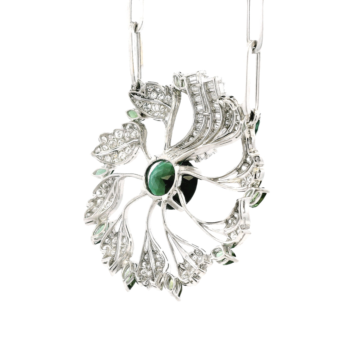 18k White Gold Tourmaline & 4.5ctw Diamond Floral Cluster Statement Paper Clip Necklace 25.5" — reverse view