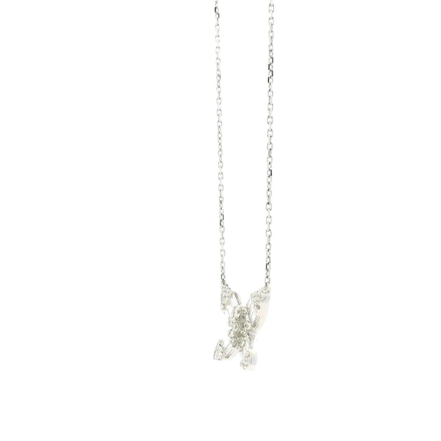 18k White Gold 0.79ctw Natural Round & Baguette Diamond Butterfly Pendant Necklace — reverse view