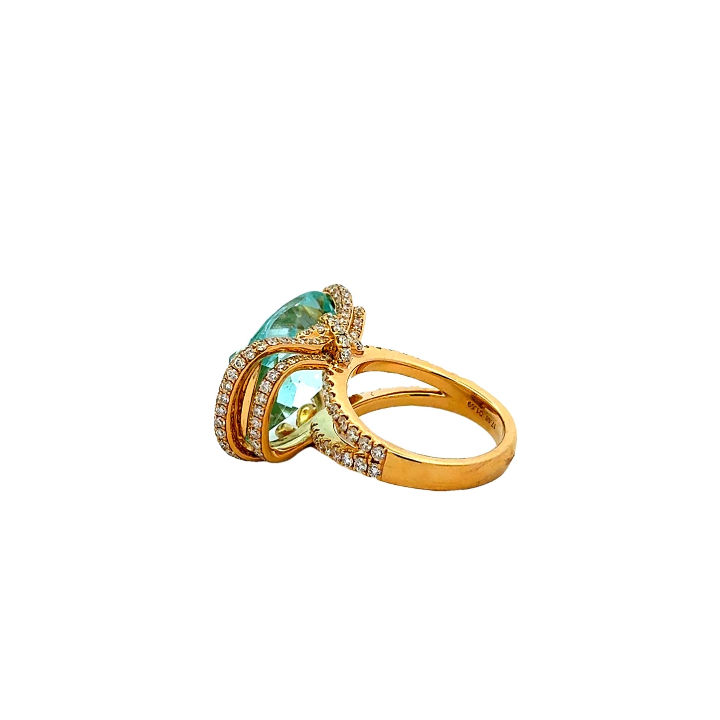 18k Yellow Gold 17.68ct Cushion Cut Aquamarine Halo Cocktail Ring — underside view