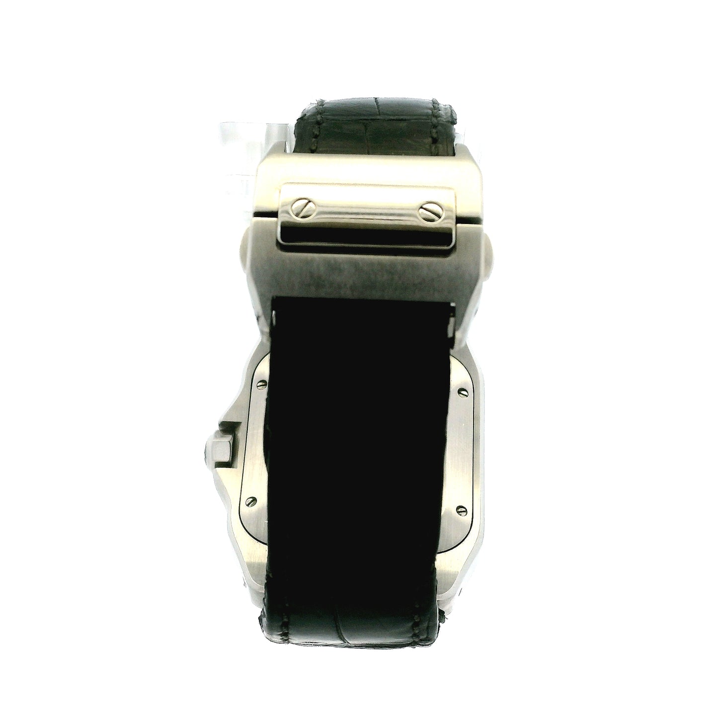 Cartier Santos 35.6mm Roman Numeral Black Strap Stainless Steel Watch — caseback view