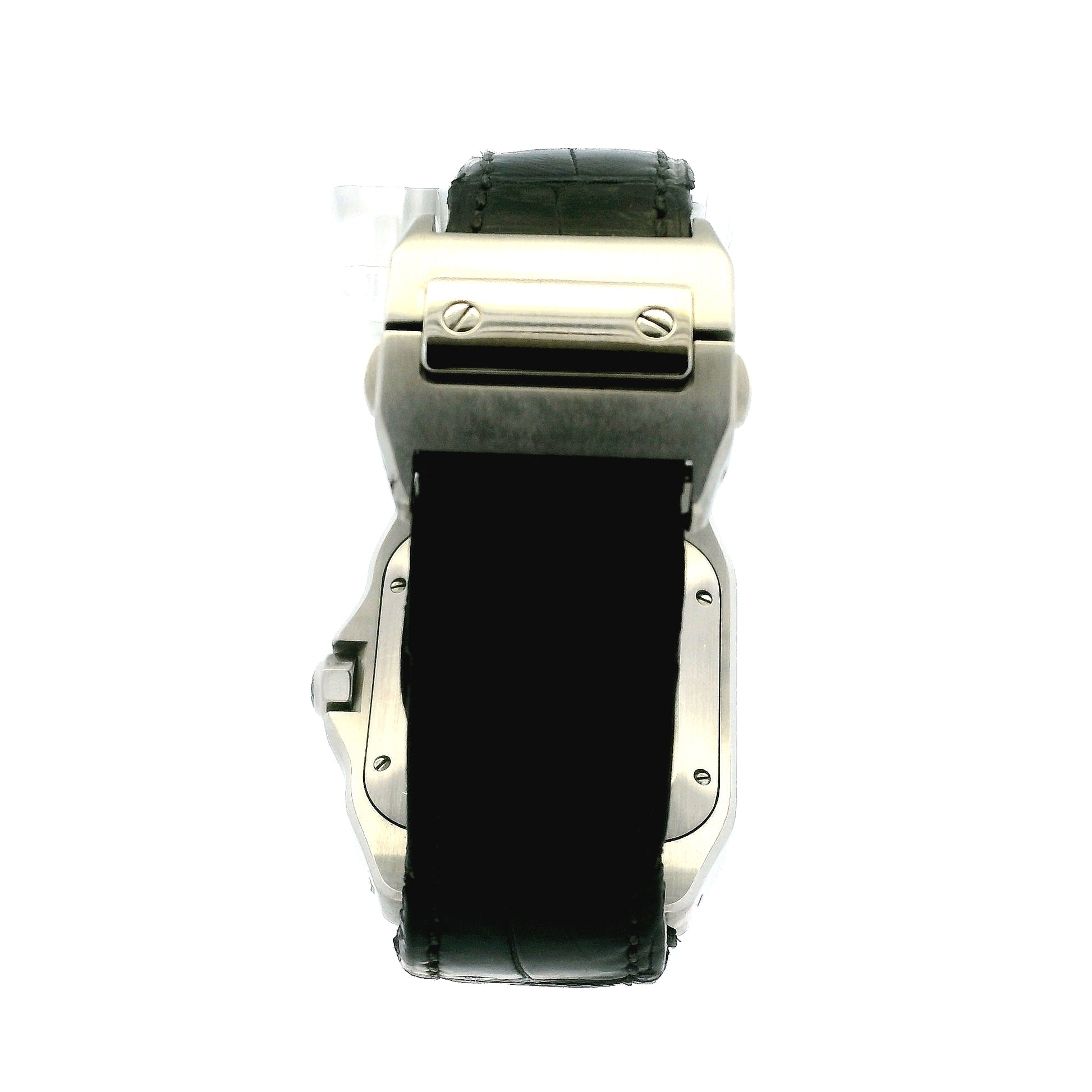 Cartier Santos 35.6mm Roman Numeral Black Strap Stainless Steel Watch — caseback view