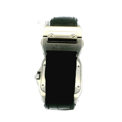 Cartier Santos 35.6mm Roman Numeral Black Strap Stainless Steel Watch — caseback view
