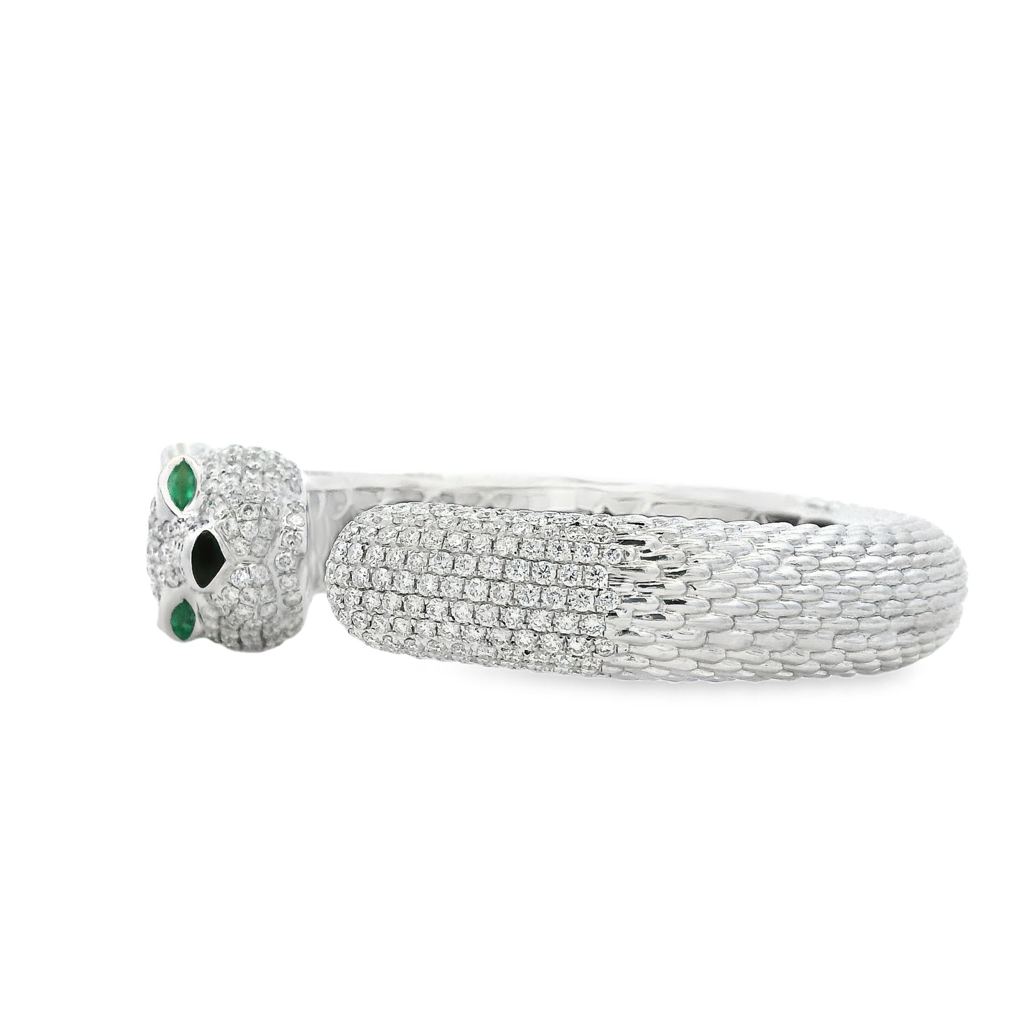 18k White Gold 0.31ctw Emerald and 10.57ctw Round Diamond Pavé Panther Hinged Bangle Bracelet — reverse view