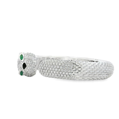 18k White Gold 0.31ctw Emerald and 10.57ctw Round Diamond Pavé Panther Hinged Bangle Bracelet — reverse view
