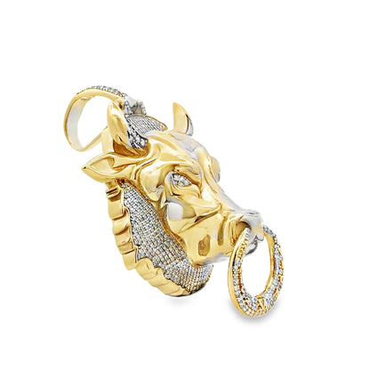 10k Yellow & White Gold Two-Tone Bull Head Pendant with 4ctw Pavé Diamonds — caseback view