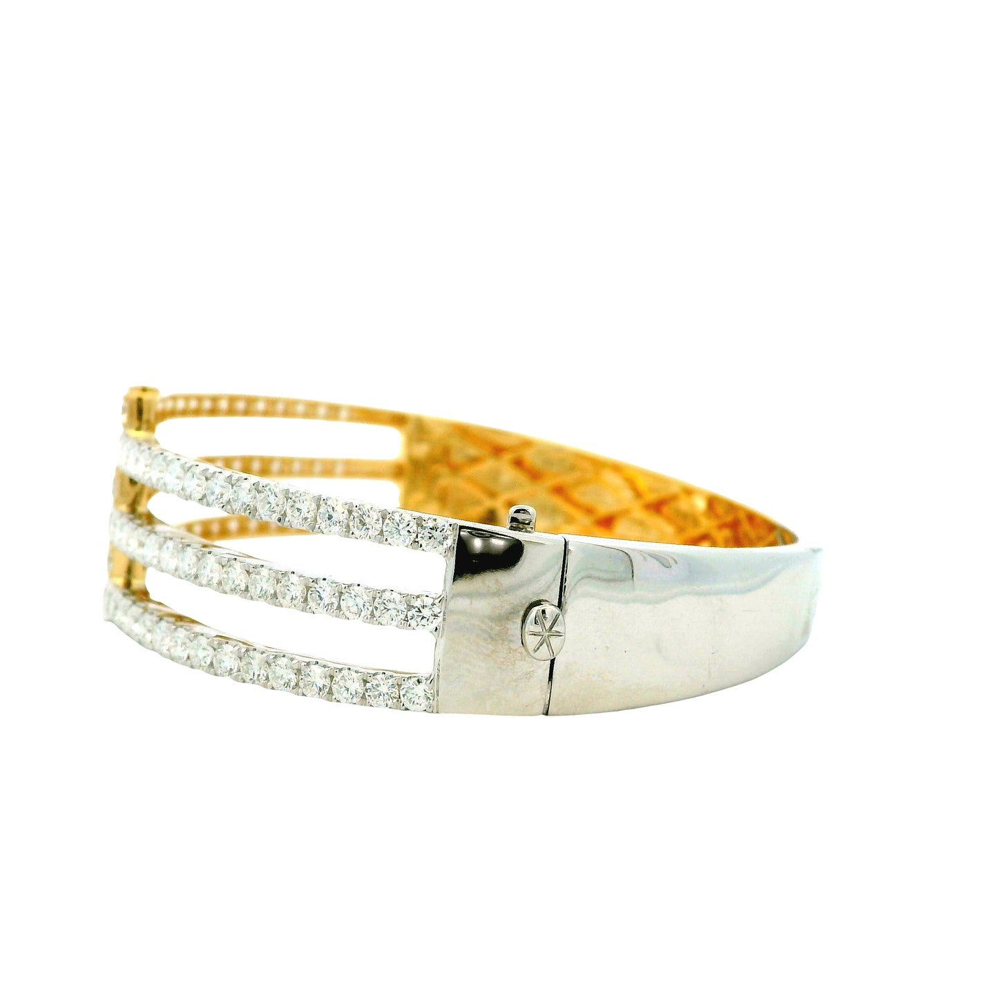 18k White and Yellow Gold 5.21ctw Round Brilliant Diamond Two-Tone Bangle Bracelet — reverse view