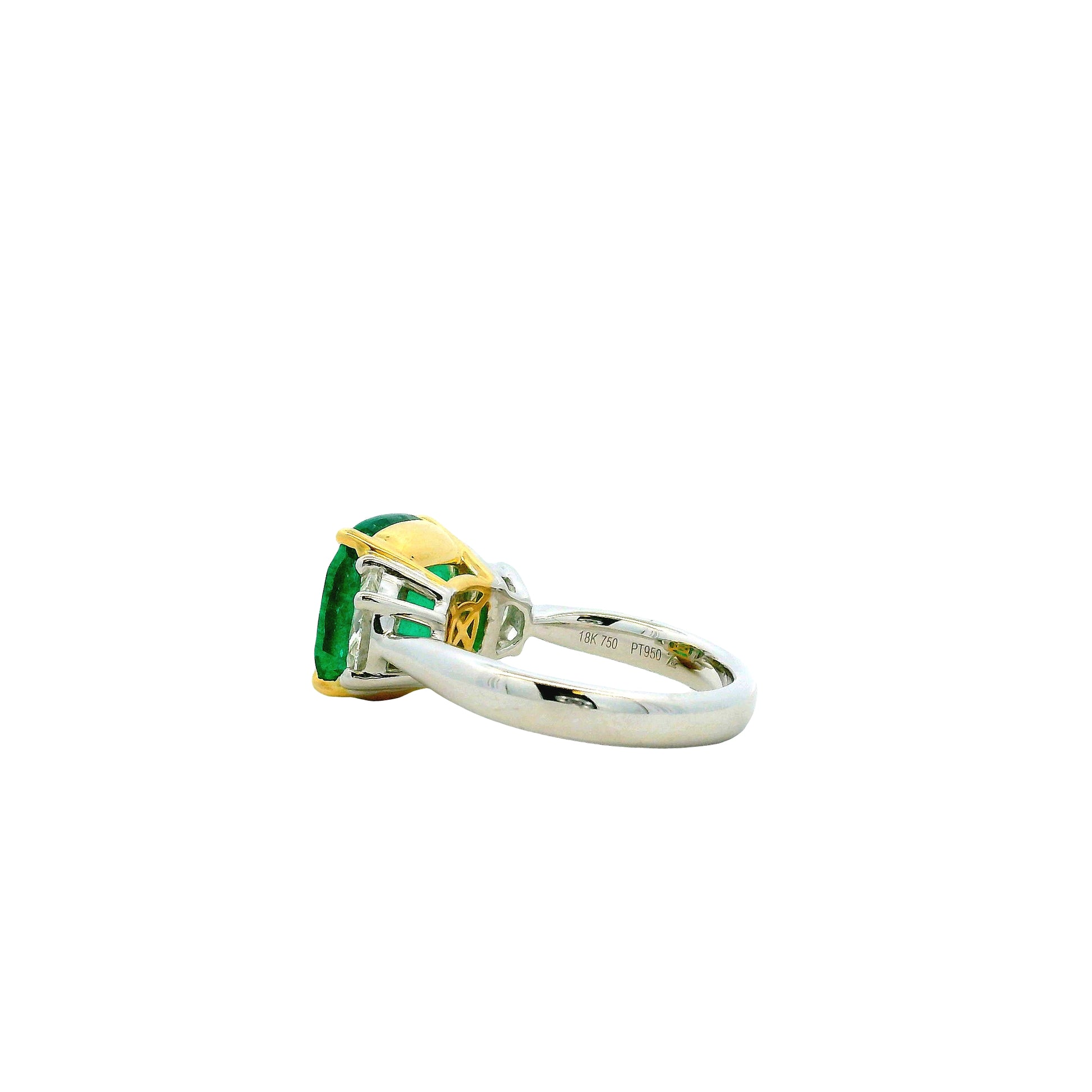 Platinum & 18k Yellow Gold 5.90ct Cushion Cut Vivid Green Emerald and Diamond Three-Stone Ring — underside view