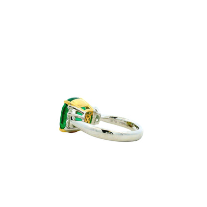 Platinum & 18k Yellow Gold 5.90ct Cushion Cut Vivid Green Emerald and Diamond Three-Stone Ring — underside view