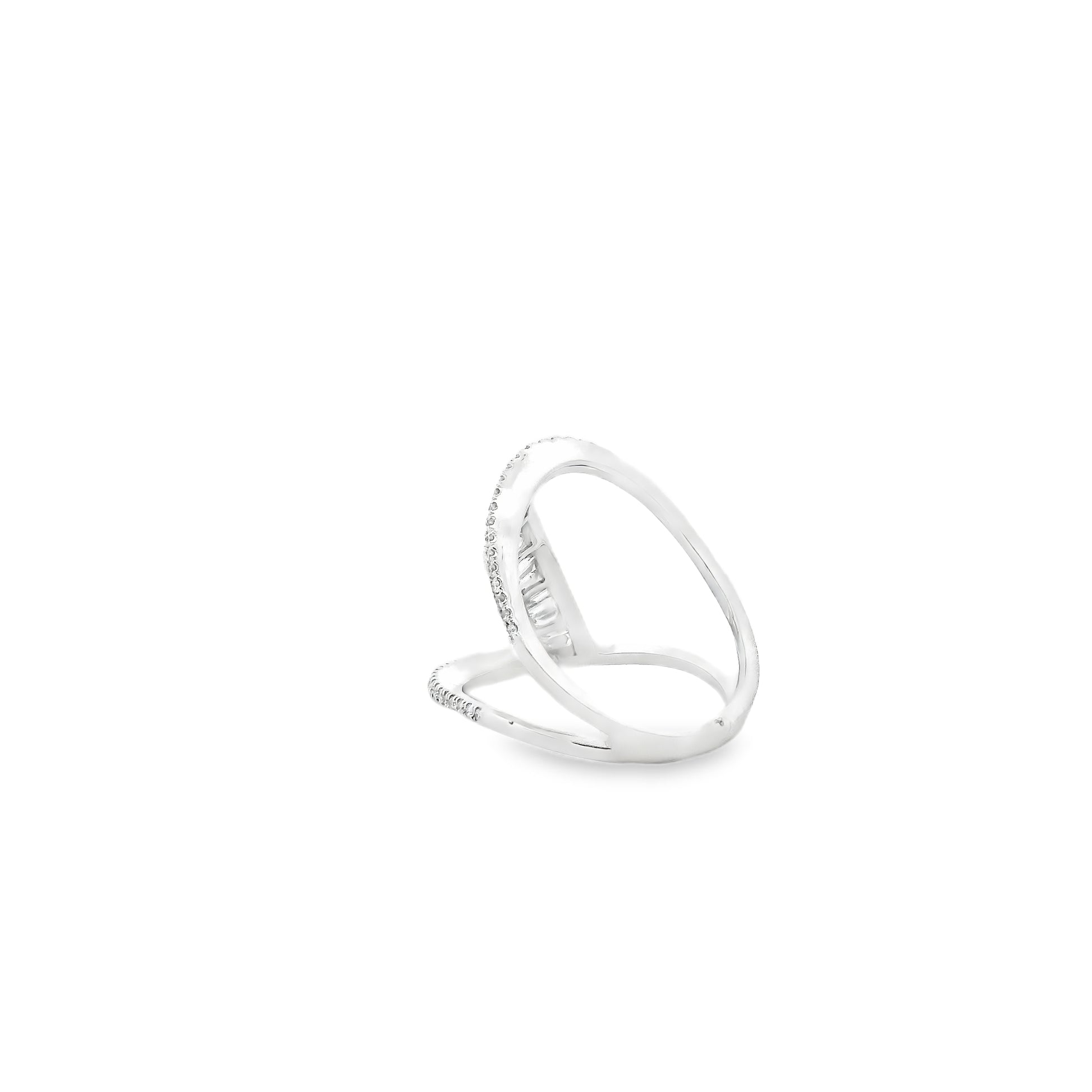 14k White Gold 0.90ctw Baguette and Round Brilliant Diamond Bypass Ring — underside view
