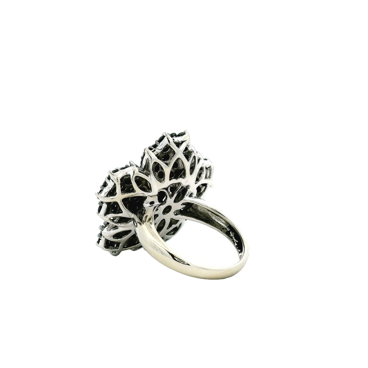 14k White Gold 1.75ctw Round Brilliant White and Black Diamond Floral Cluster Ring — underside view