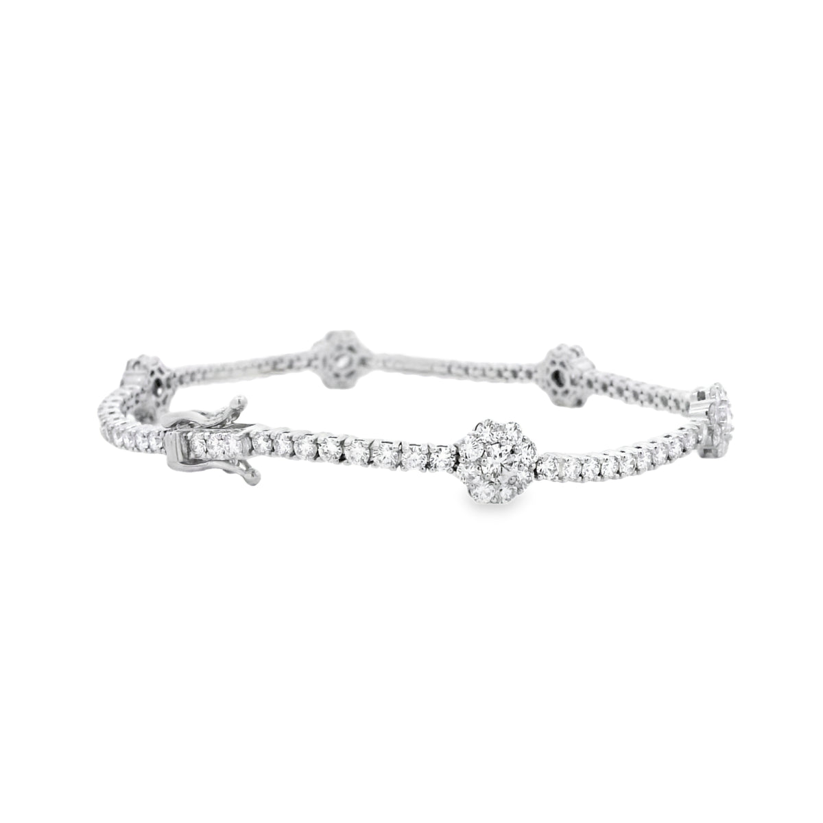 14k White Gold 4.85ctw Round Brilliant Diamond Flower Cluster Tennis Bracelet — reverse view