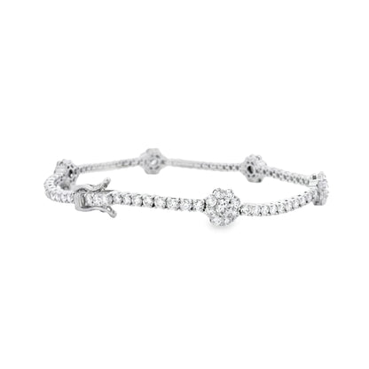 14k White Gold 4.85ctw Round Brilliant Diamond Flower Cluster Tennis Bracelet — reverse view