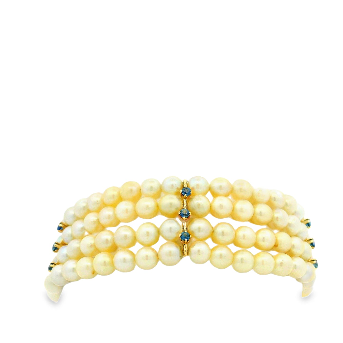 14k Yellow Gold 4-Strand Natural Pearl Bracelet with Opal and Natural Sapphire Cluster Centerpiece — underside view