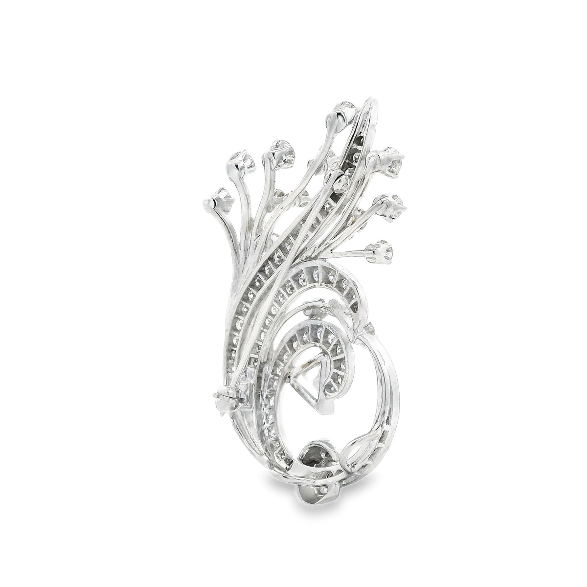 14k White Gold 4.5ctw Round Brilliant and Pear Diamond Pavé Brooch — underside view