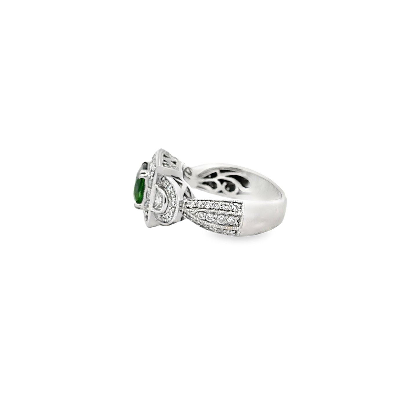 18k White Gold Green Gemstone Square Diamond Halo Cocktail Ring — underside view
