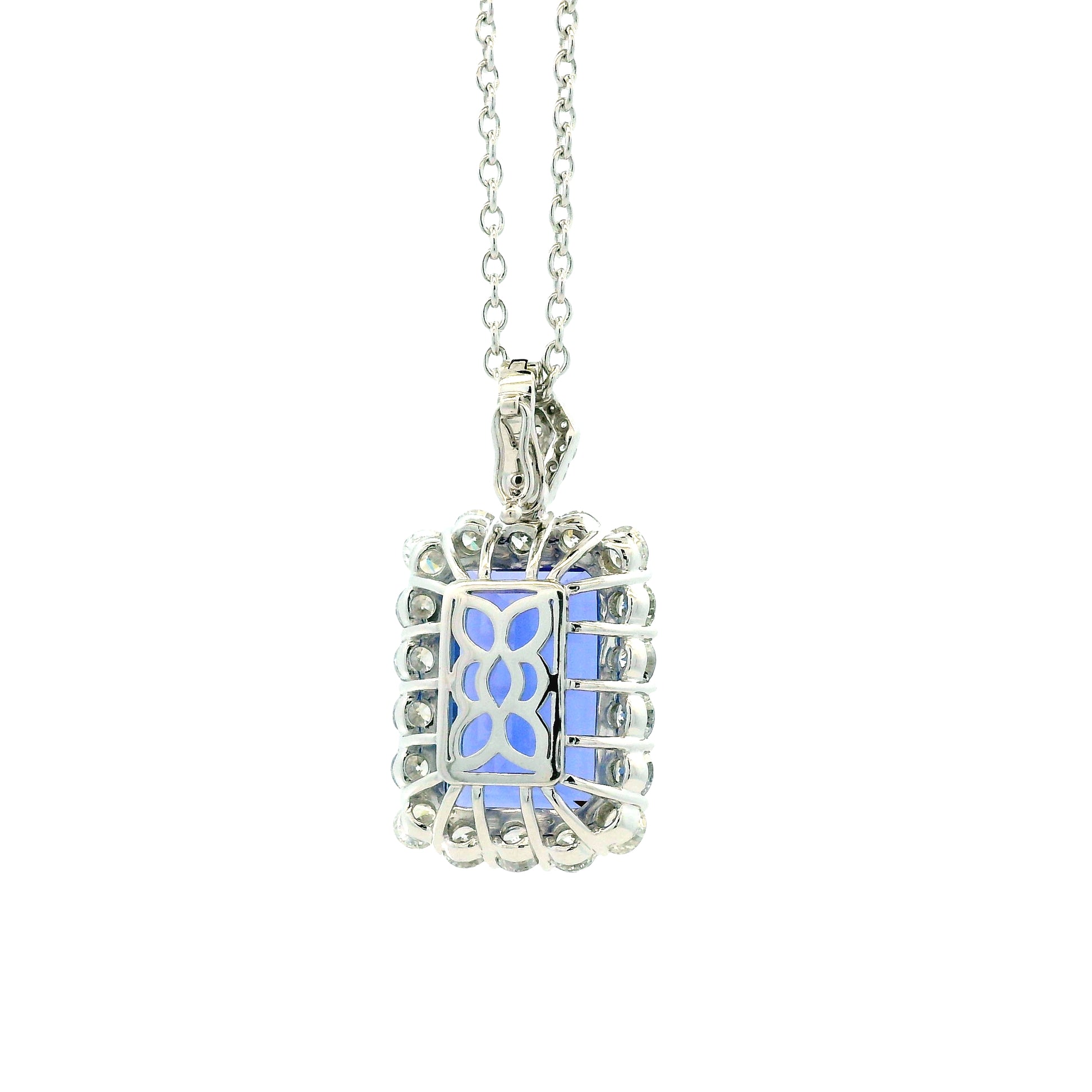 14k White Gold 13.50ct Emerald Cut Tanzanite & 2.54ctw Round Brilliant Diamond Halo Pendant Necklace — reverse view