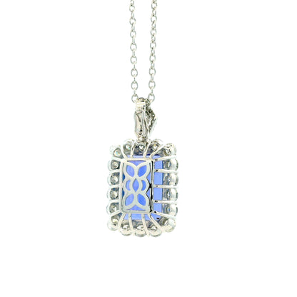14k White Gold 13.50ct Emerald Cut Tanzanite & 2.54ctw Round Brilliant Diamond Halo Pendant Necklace — reverse view
