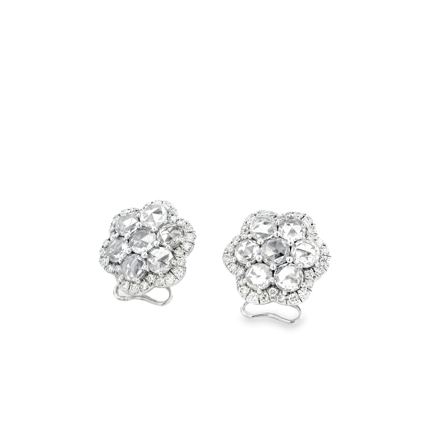 14k White Gold 3.60ctw Old Cut Natural Diamond Flower Cluster Button Earrings — reverse showing the back