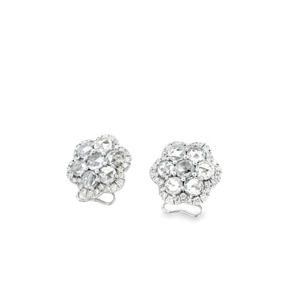 14k White Gold 3.60ctw Old Cut Natural Diamond Flower Cluster Button Earrings — reverse showing the back