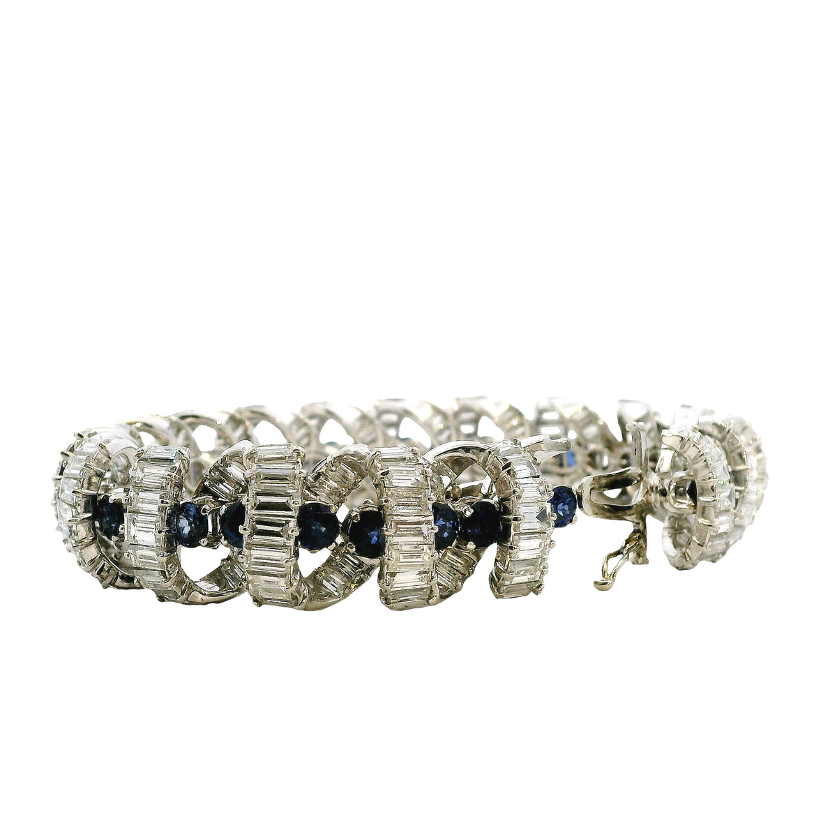 Platinum 25ctw Baguette Cut Diamond and Natural Blue Sapphire Interlocking Link Statement Bracelet — reverse view