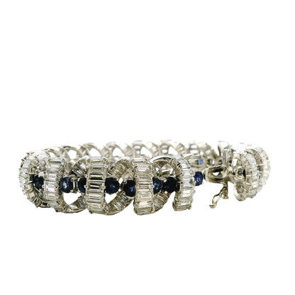 Platinum 25ctw Baguette Cut Diamond and Natural Blue Sapphire Interlocking Link Statement Bracelet — reverse view