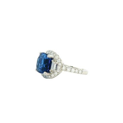 18k White Gold 8.45ct Cushion Cut Tanzanite and 1.55ctw Diamond Three-Stone Cocktail Ring — underside view