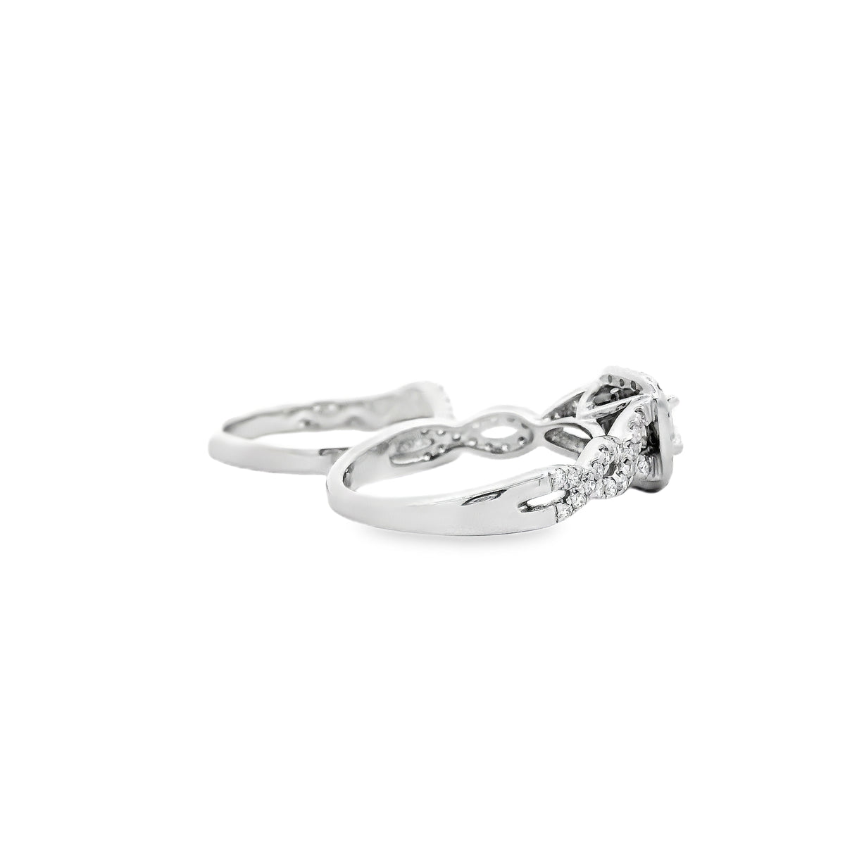 14k White Gold 0.30ct Princess Cut Diamond Double Halo and Wedding Band Engagement Ring Set — underside view
