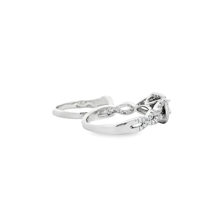14k White Gold 0.30ct Princess Cut Diamond Double Halo and Wedding Band Engagement Ring Set — underside view