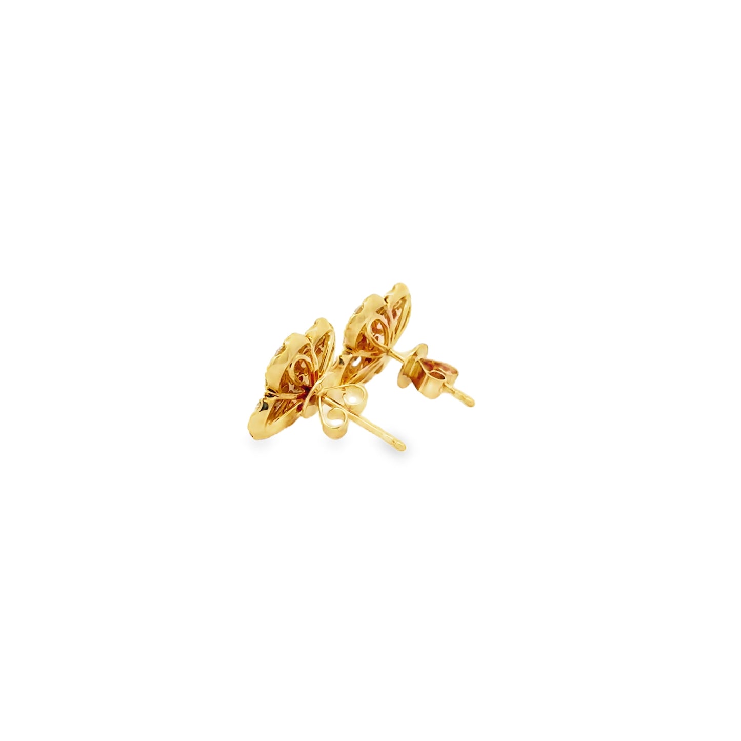 18k Yellow Gold 2.02ctw Round Brilliant and Baguette Diamond Clover Stud Earrings — reverse showing the back