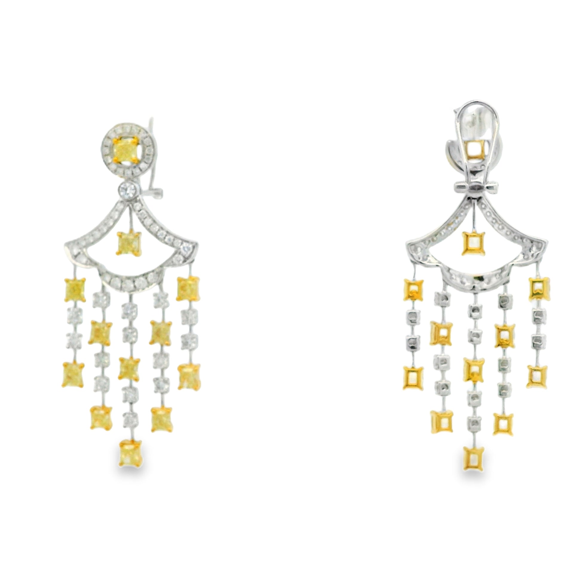 18k Two-Tone Gold 5.86ct Fancy Yellow and 2.71ctw Round Brilliant Diamond Dangle Earrings — reverse showing the back