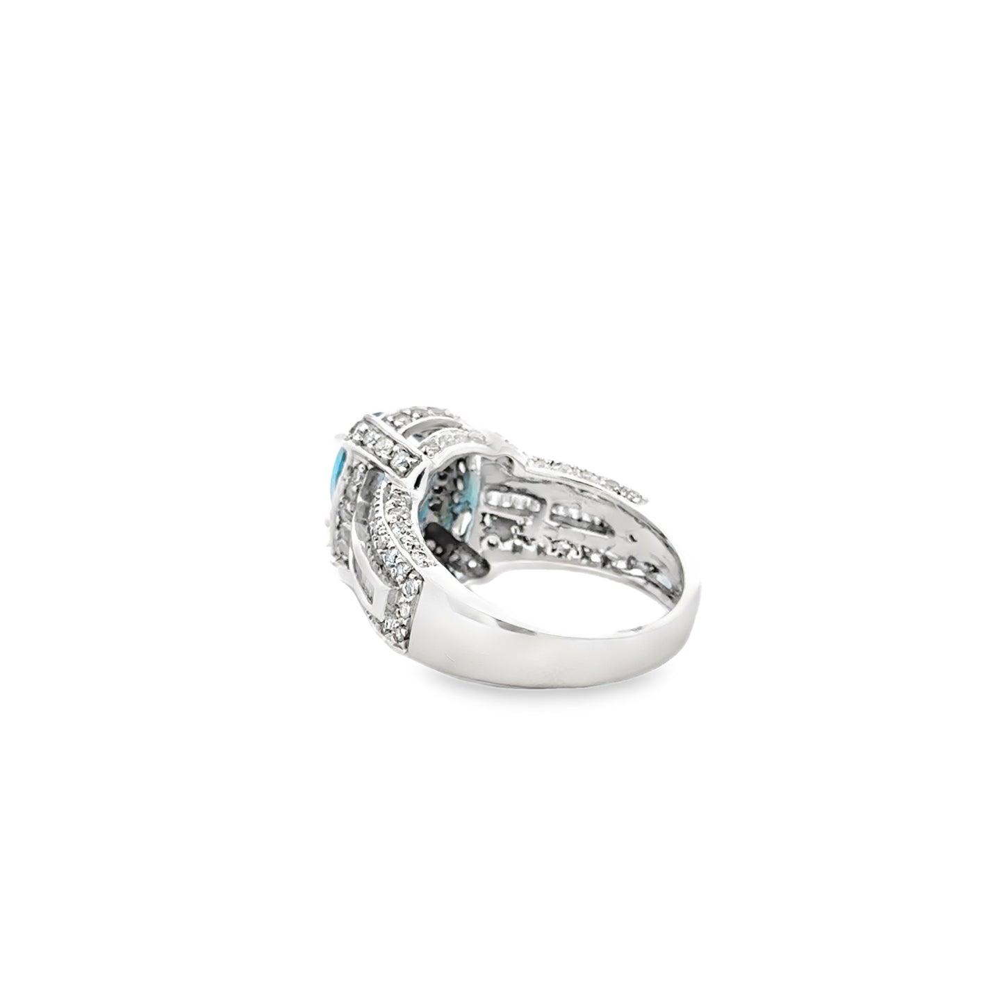 White Gold Oval Blue Gemstone Halo Cocktail Ring — reverse view