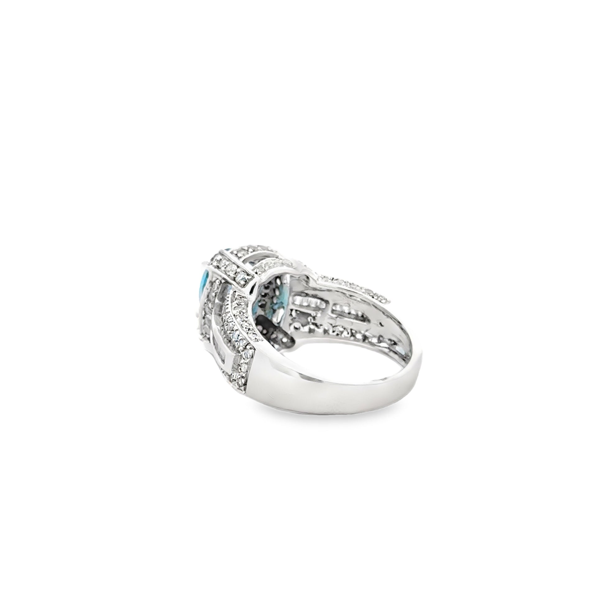 White Gold Oval Blue Gemstone Halo Cocktail Ring — reverse view