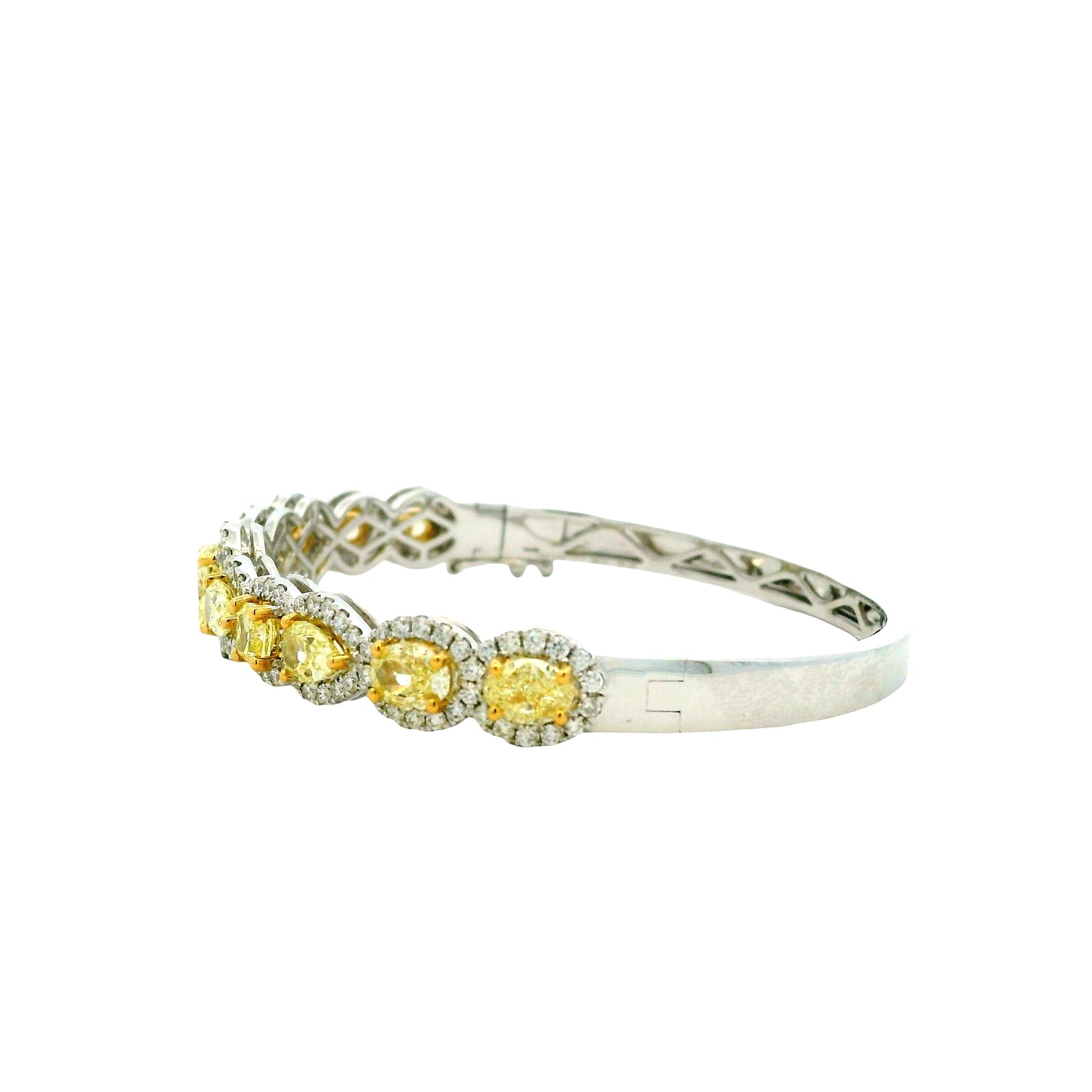 18k Two-Tone Gold 6.37ctw Multi-Shape Natural Yellow & White Diamond Bangle Bracelet — reverse view