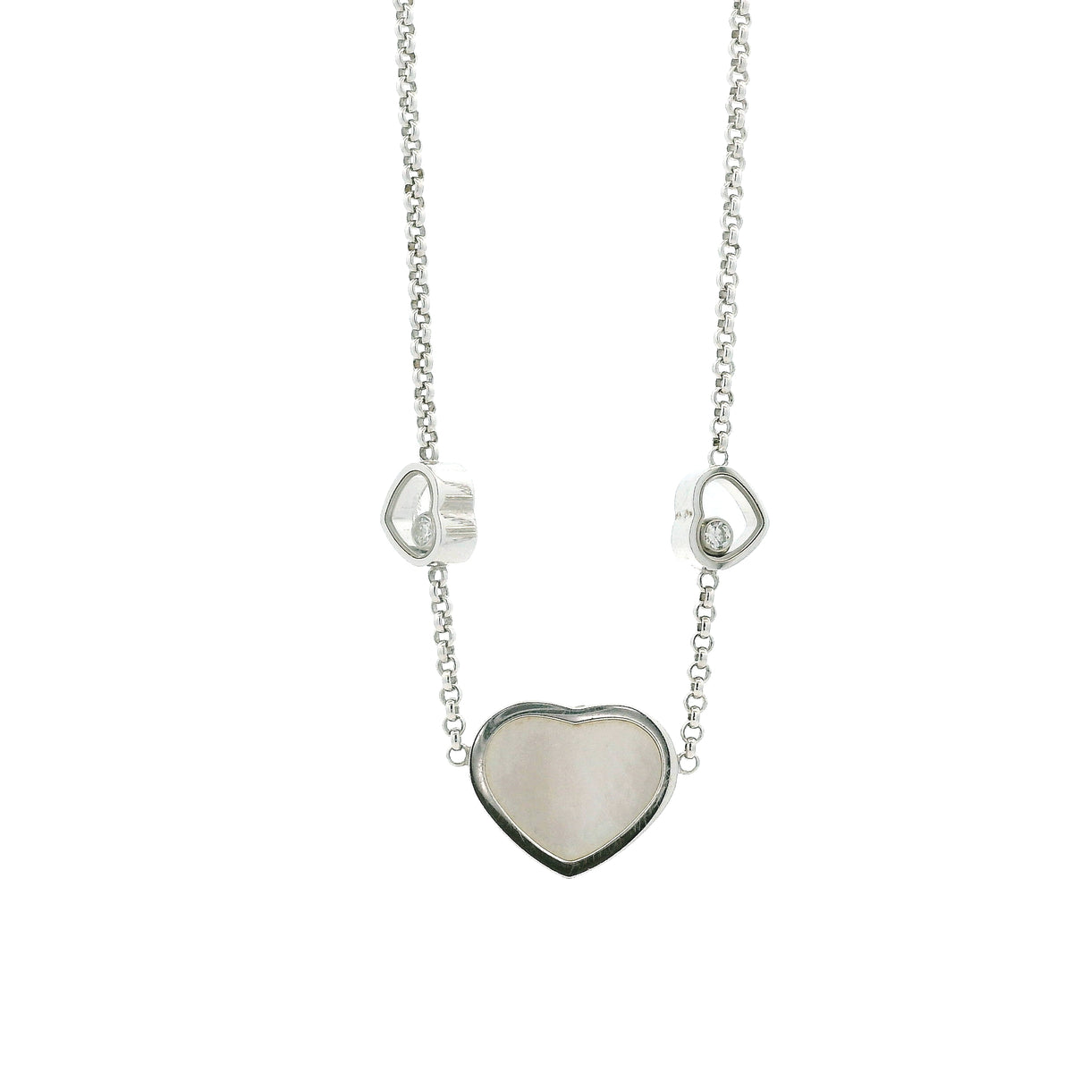 Chopard Happy Hearts 18k White Gold Diamond Mother of Pearl Heart Pendant Necklace — caseback view