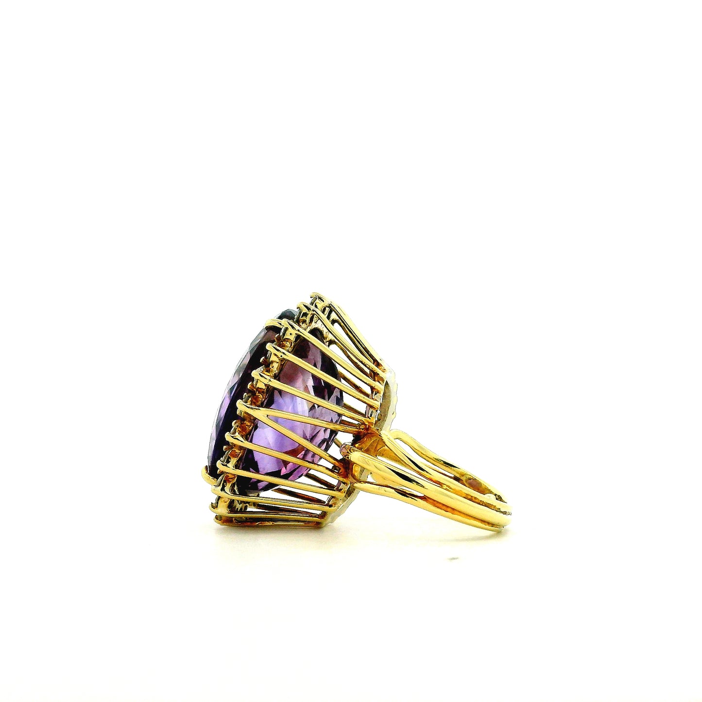 14k Yellow Gold 30ct Oval Amethyst Halo Diamond Accent Cocktail Ring — underside view