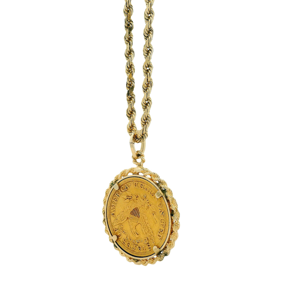 14k Yellow Gold Rope Chain Necklace with 1901 Liberty Head $5 Gold Coin Pendant 24" — reverse view